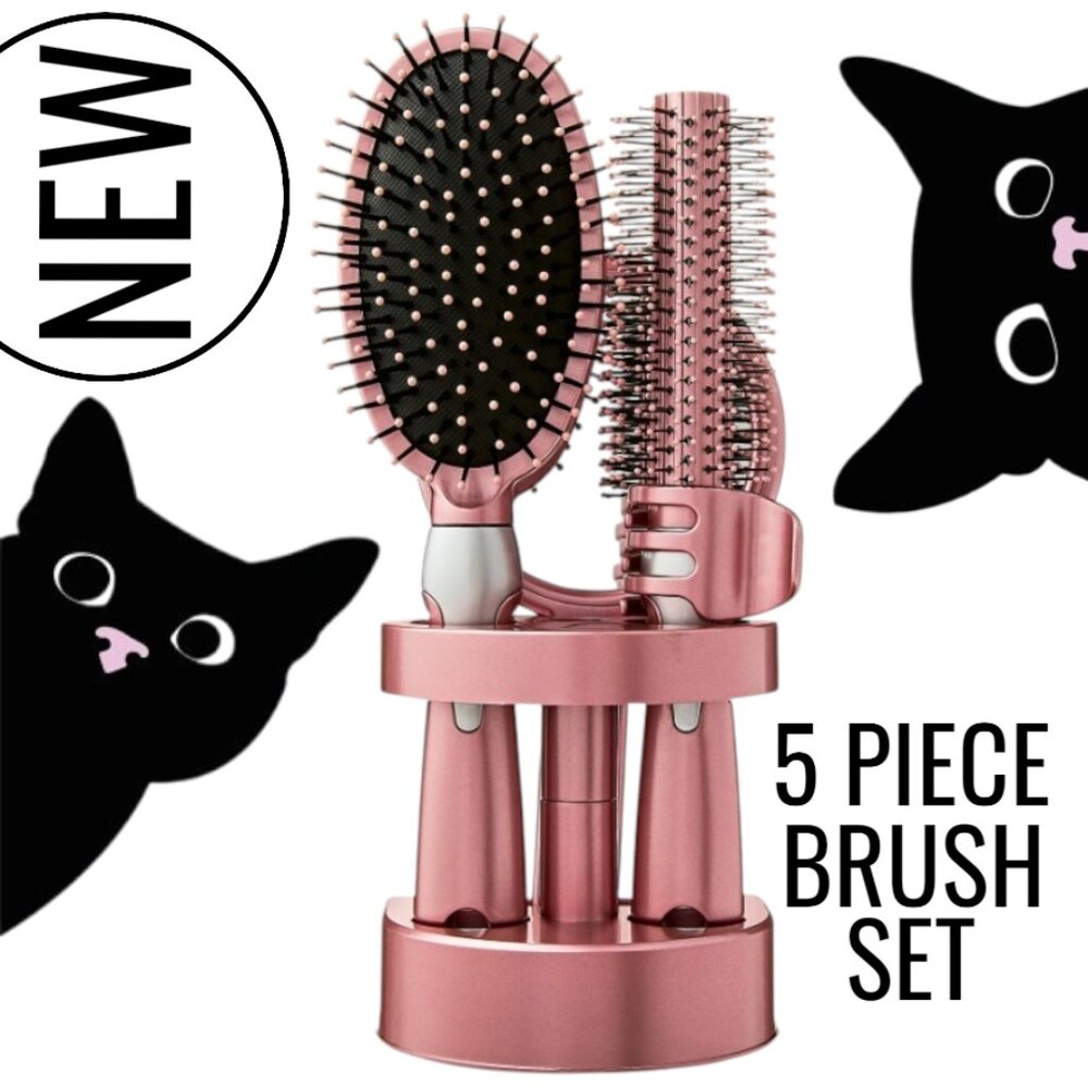 NEW 5-Piece Hairbrush Brush Set Hand Mirror Beauty Brushes Pink Easter Basket St